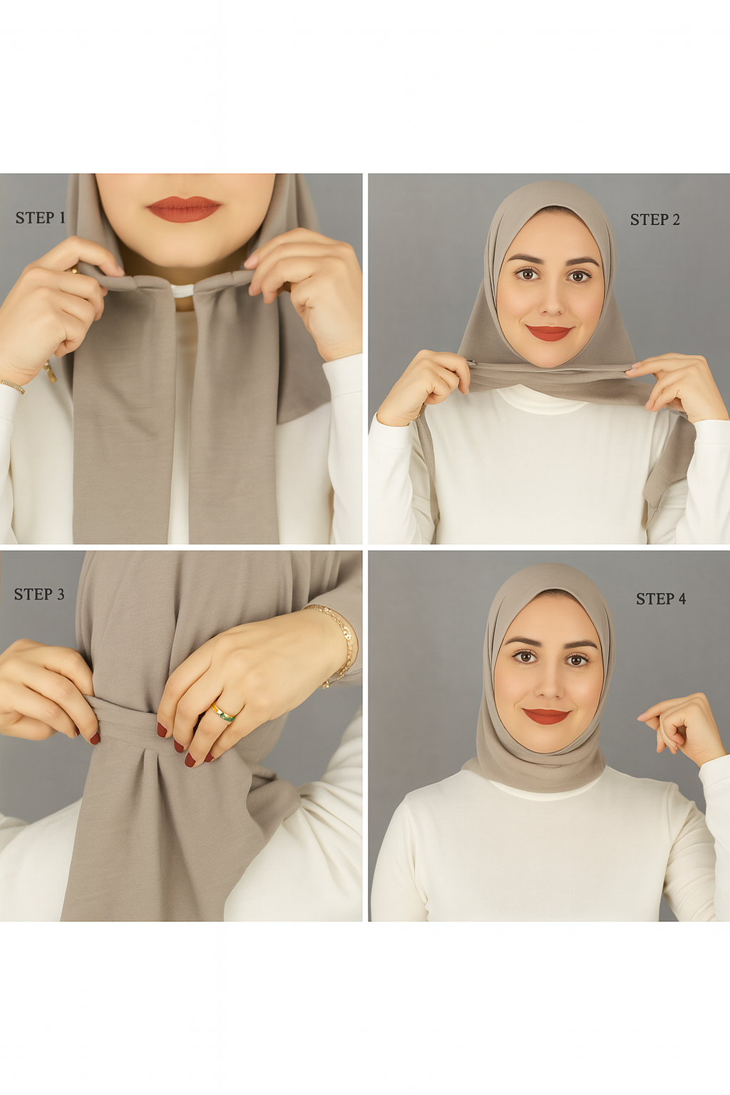 Step-by-step tutorial on how to wear a hijab with four images showing the process.