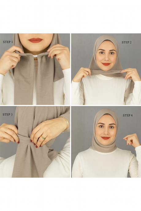 Step-by-step tutorial on how to wear a hijab with four images showing the process.