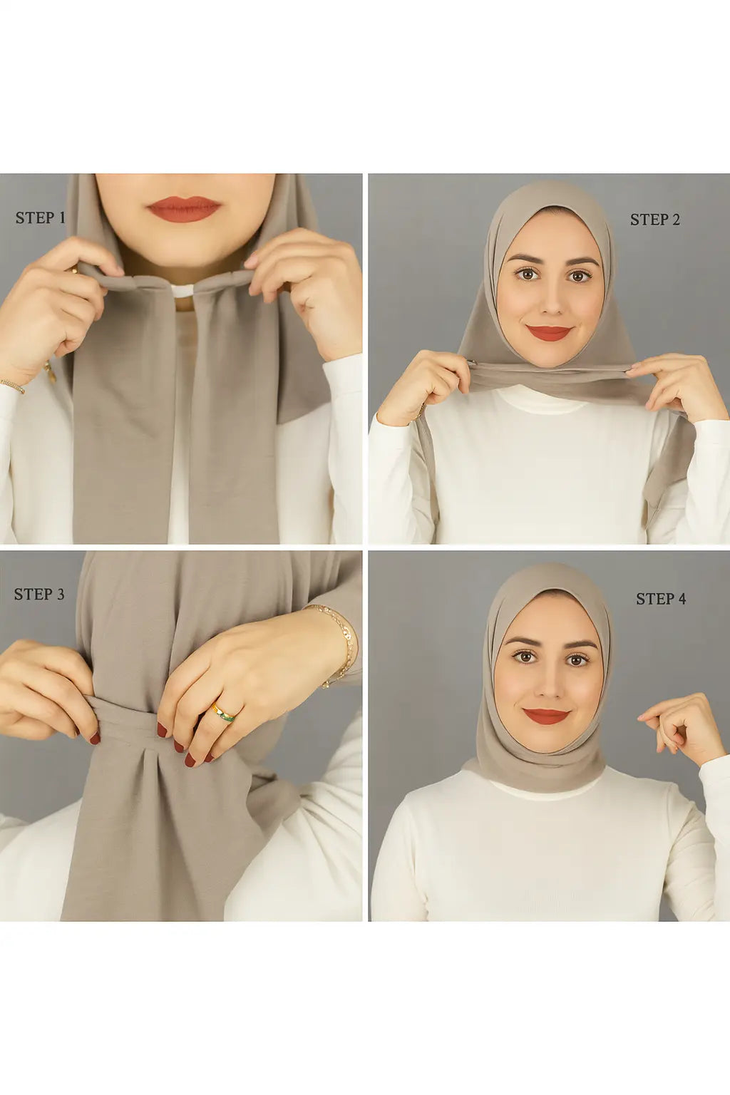 Step-by-step tutorial on how to wear a hijab with four images showing the process.