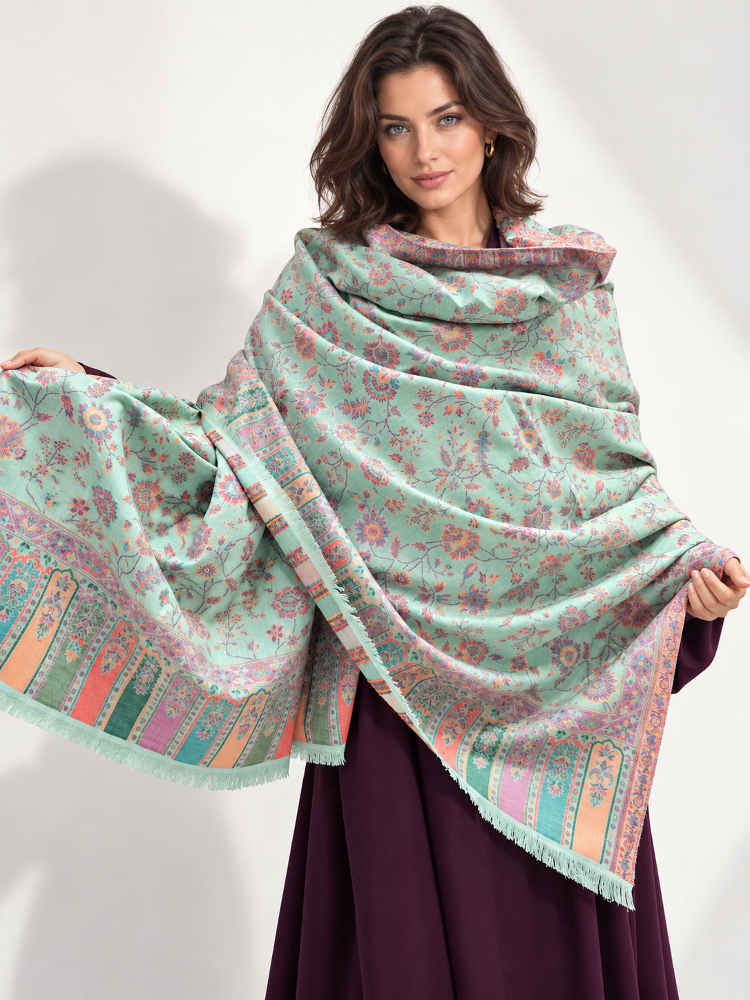 Premium Kani #17 Floral Mint Green Shawl — 01-main-portrait