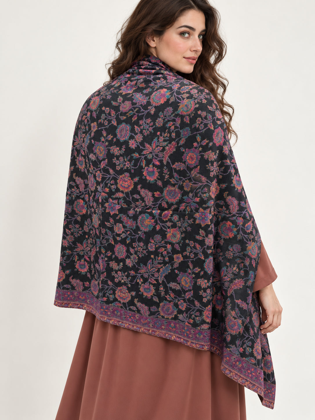 Premium Kani #17 Floral Black Shawl — 03-back-drape