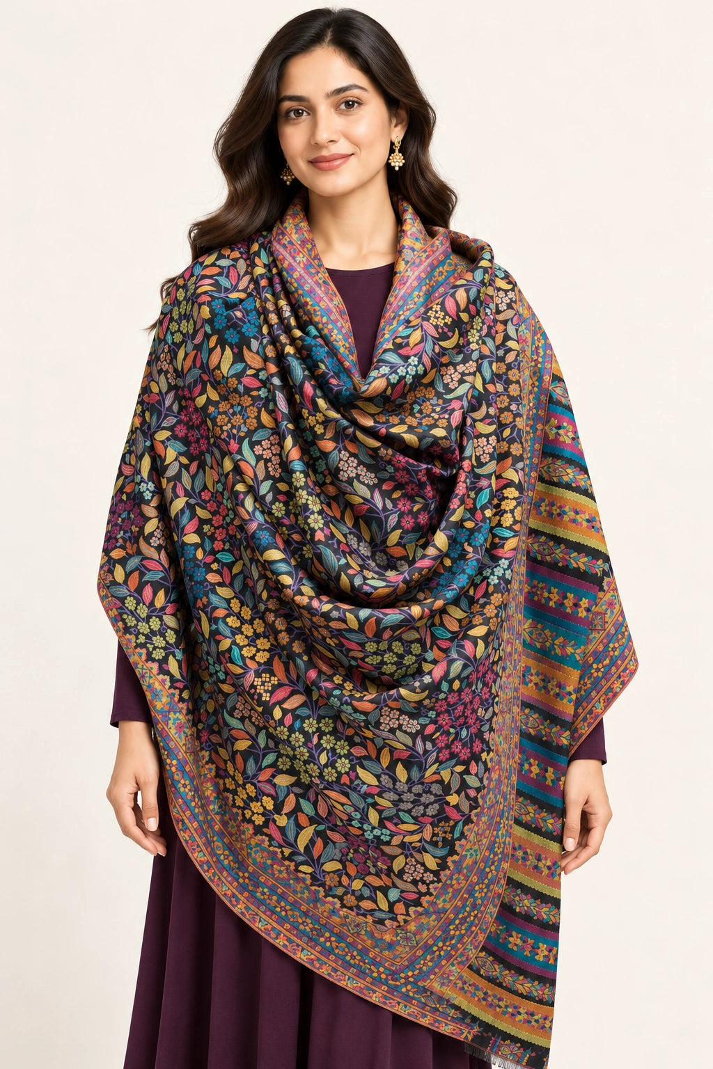 Premium Bareek Kani #32 Floral Black Shawl — main portrait