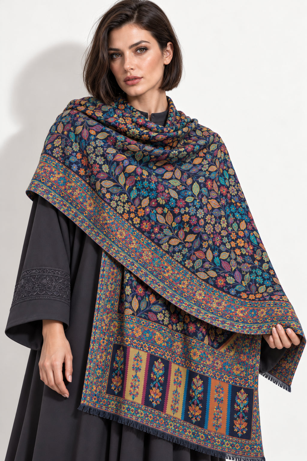 Premium Bareek Kani #32 Floral Navy Shawl — 01-model-closeup