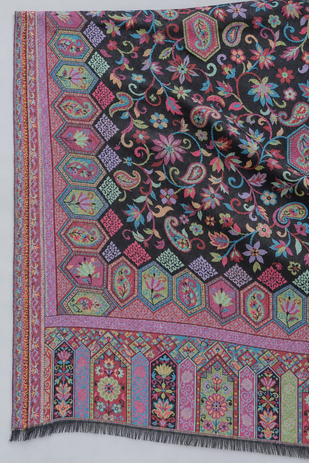 Premium Bareek Kani #32 Long Paisley Black Multicolour Shawl — 02-material-closeup
