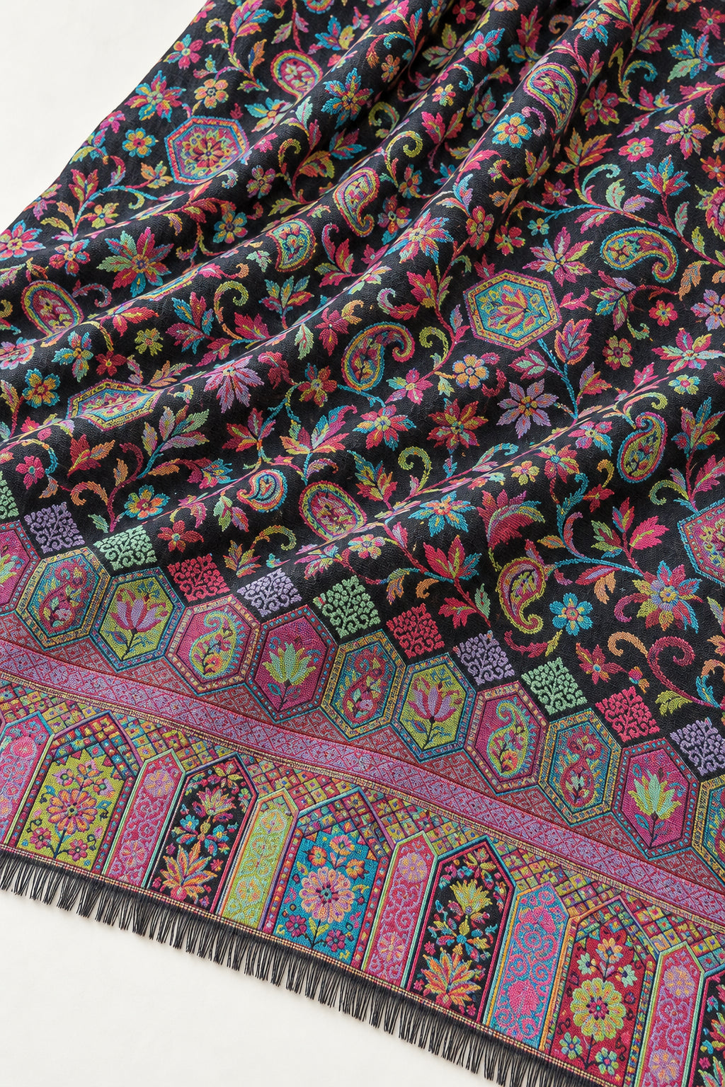 Premium Bareek Kani #32 Long Paisley Black Multicolour Shawl — 02-material-closeup