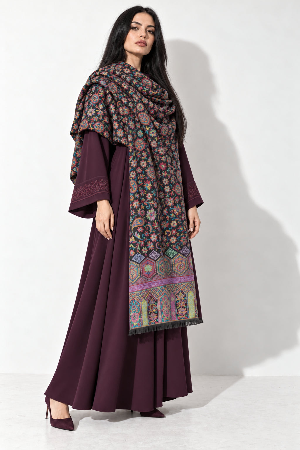 Premium Bareek Kani #32 Long Paisley Black Multicolour Shawl — 03-full-length-portrait