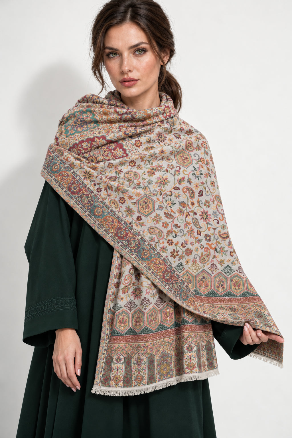 Premium Bareek Kani #32 Long Paisley Ivory Shawl — 01-model-closeup