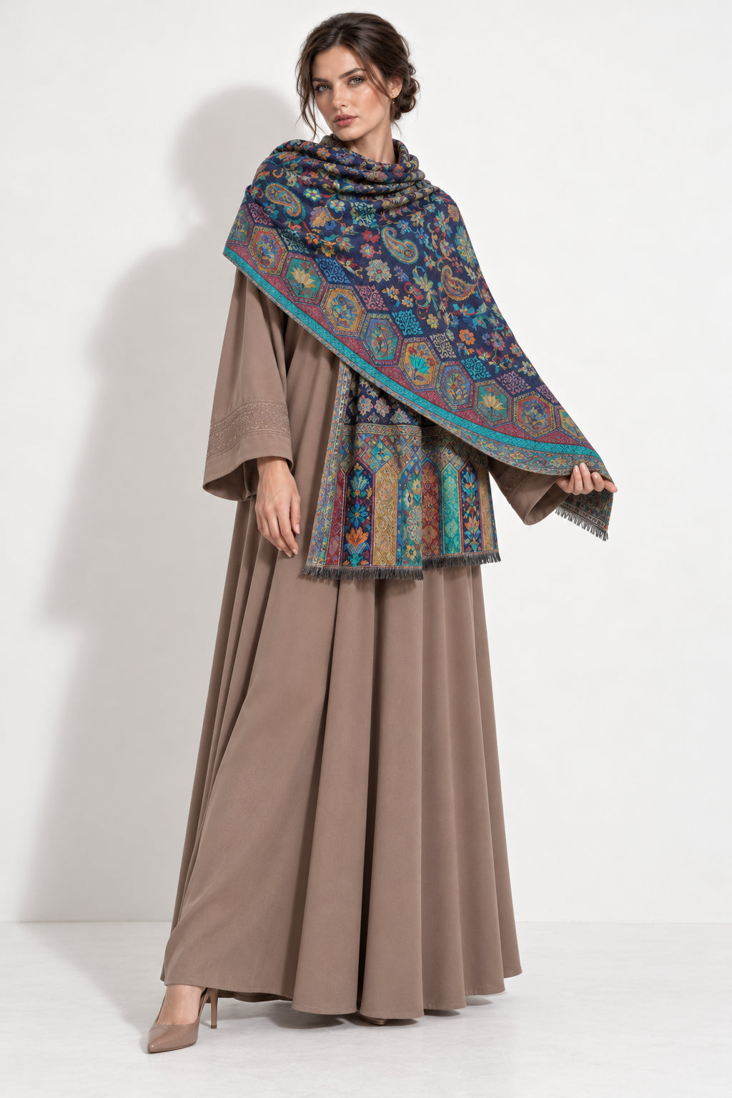 Premium Bareek Kani #32 Long Paisley Navy Shawl — 03-full-length-portrait