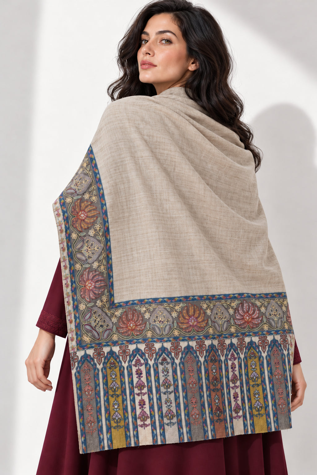 Premium Kalamkari Border #67 Sand Beige Shawl — 04-back-drape