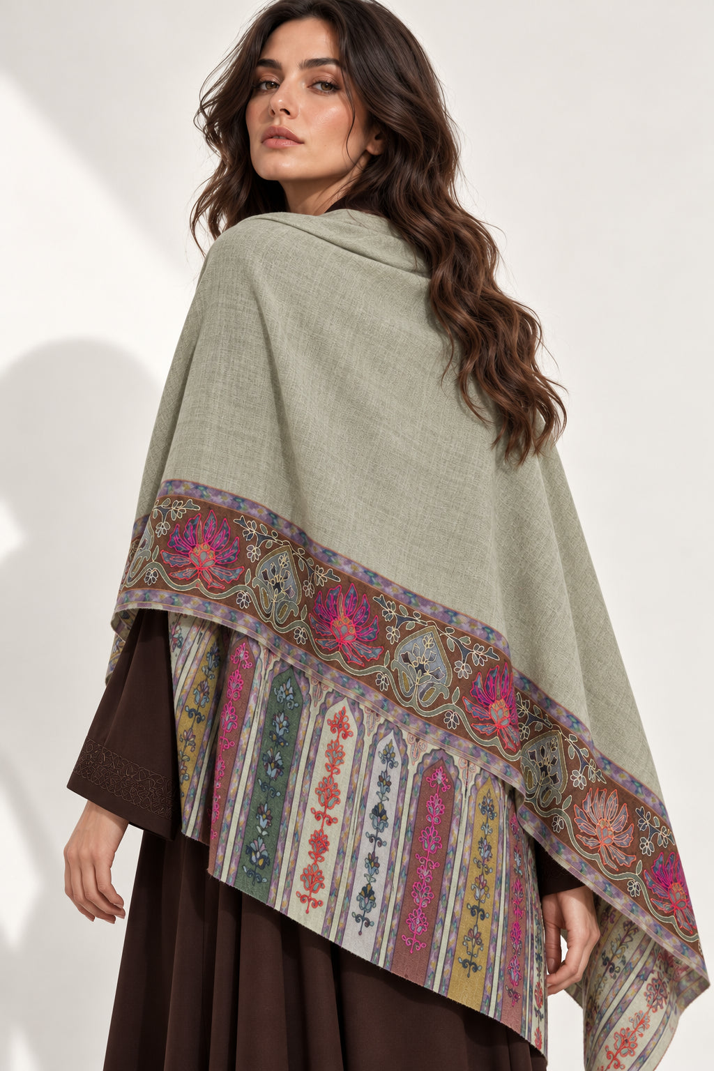 Premium Kalamkari Border #67 Sage Green Shawl — 04-back-drape