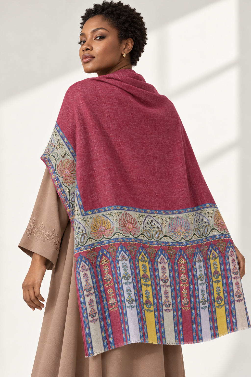 Premium Kalamkari Border #67 Burgundy Shawl — 04-back-drape