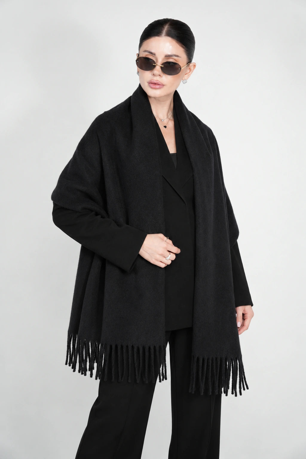 Original Wool Shawl – Black – front view with sunglasses