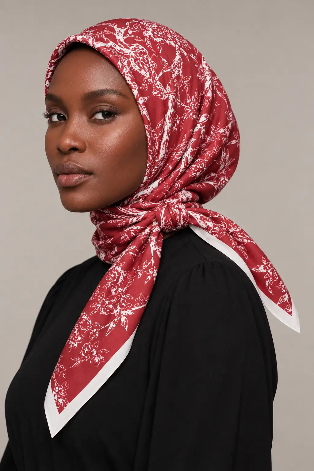 Silk Crimson Floral Murabba Scarf, 90×90 cm square hijab in Kuwait — closeup portrait
