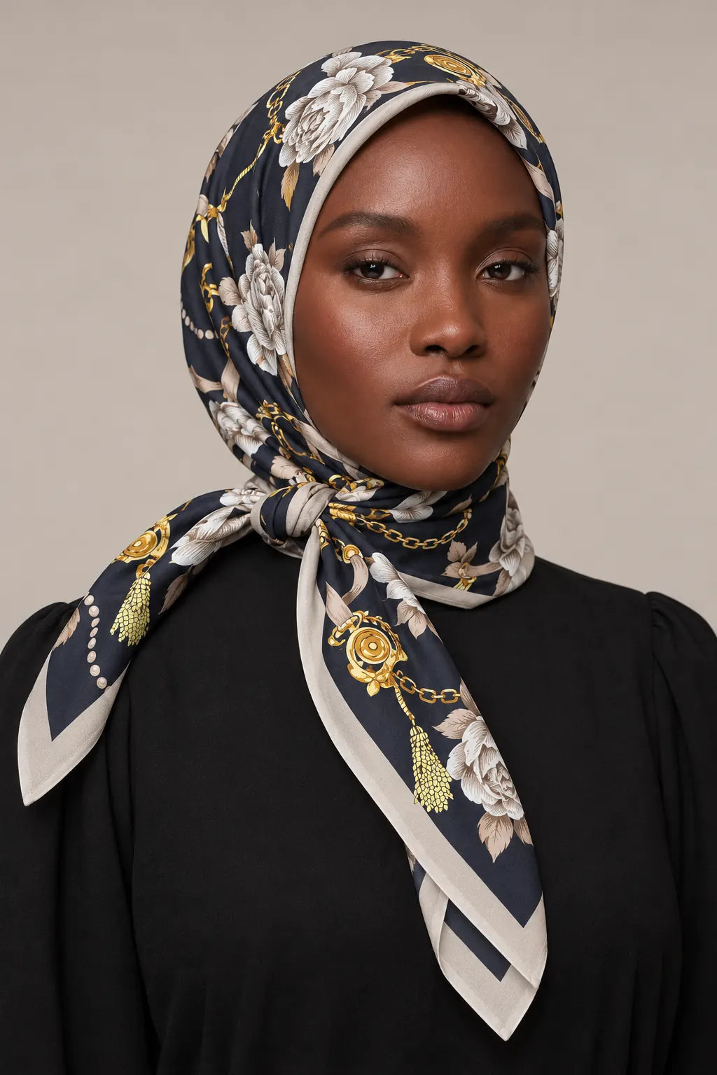 Silk Ivory Rose Murabba Scarf, 90×90 cm square hijab in Kuwait — closeup portrait