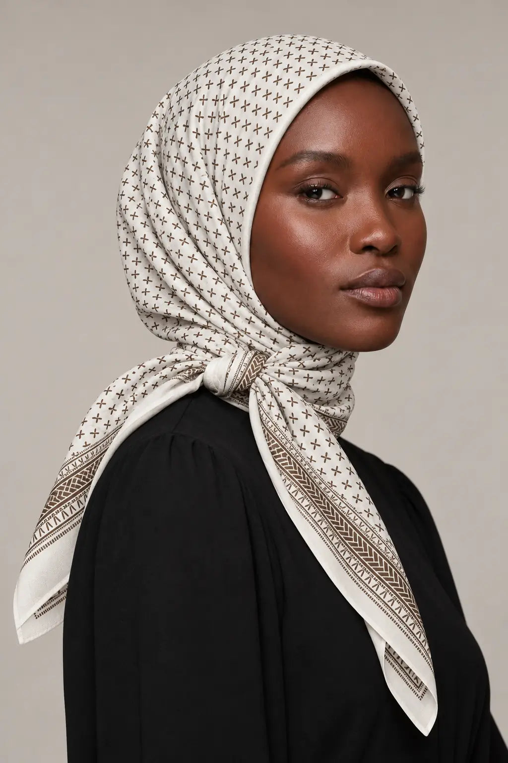 Silk Mocha Cross Murabba Scarf, 90×90 cm square hijab in Kuwait — closeup portrait