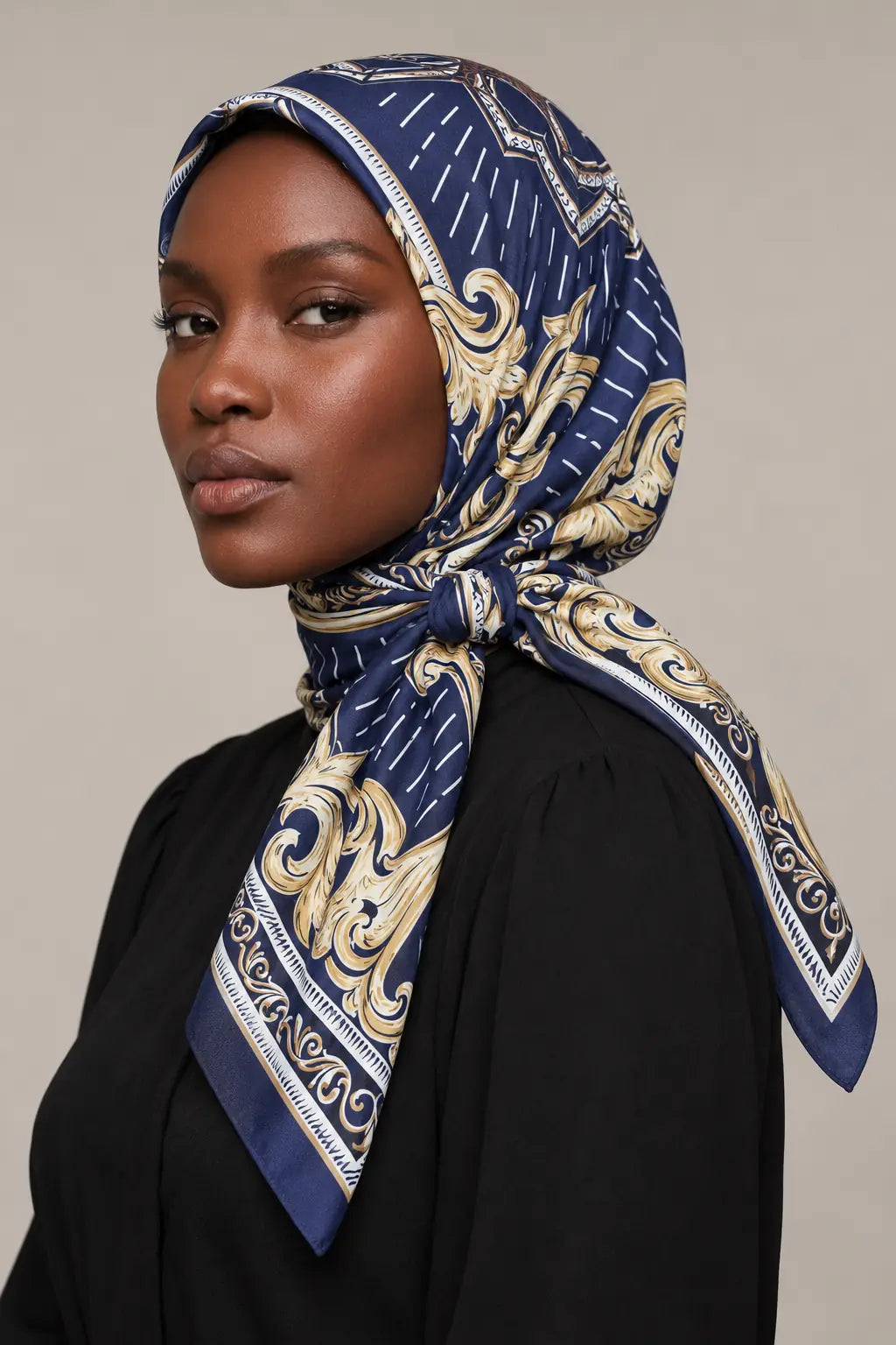 Silk Navy Baroque Murabba Scarf, 90×90 cm square hijab in Kuwait — closeup portrait