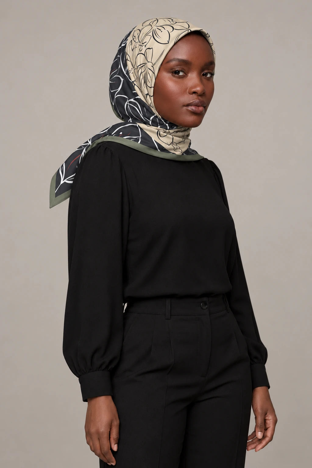 Silk Olive Lily Murabba Scarf, 90×90 cm square hijab in Kuwait — portrait portrait