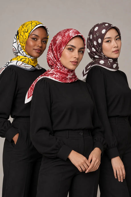 Murabba Hijab Kuwait collection — three models in different printed square scarves