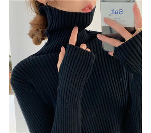 Turtle neck warm women sweater winter with Thumb open