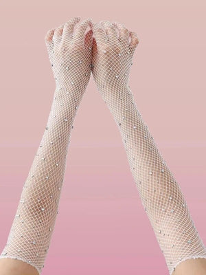 Rhinestone decor fishnet gloves