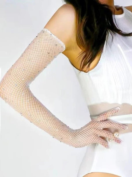 Rhinestone decor fishnet gloves