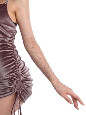 Rhinestone decor fishnet gloves