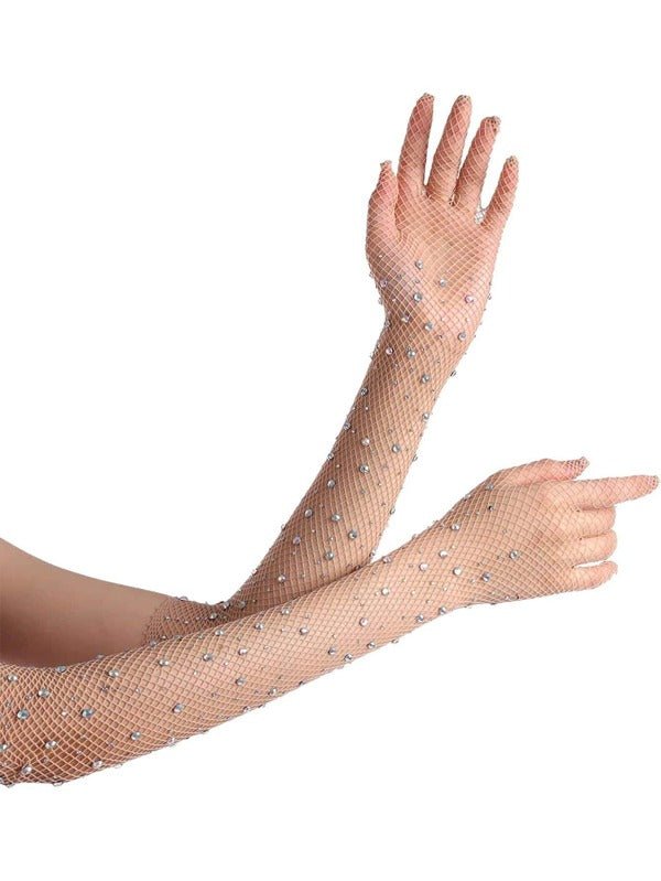 Rhinestone decor fishnet gloves