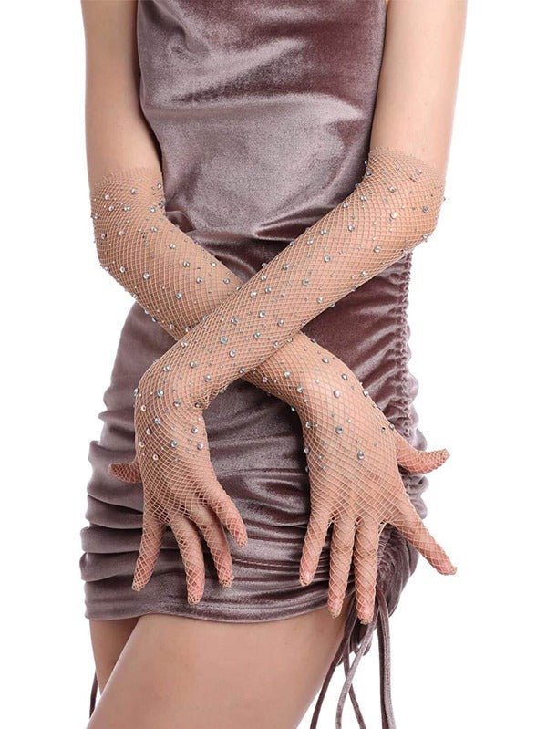 Rhinestone decor fishnet gloves