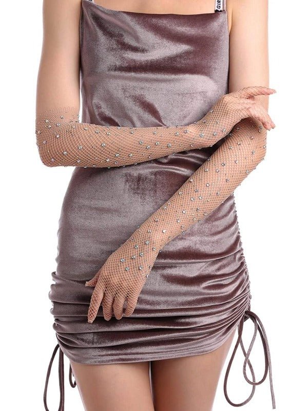 Rhinestone decor fishnet gloves