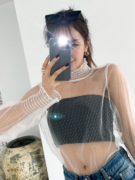 Shirred Lantern sleeve mesh top without camisole