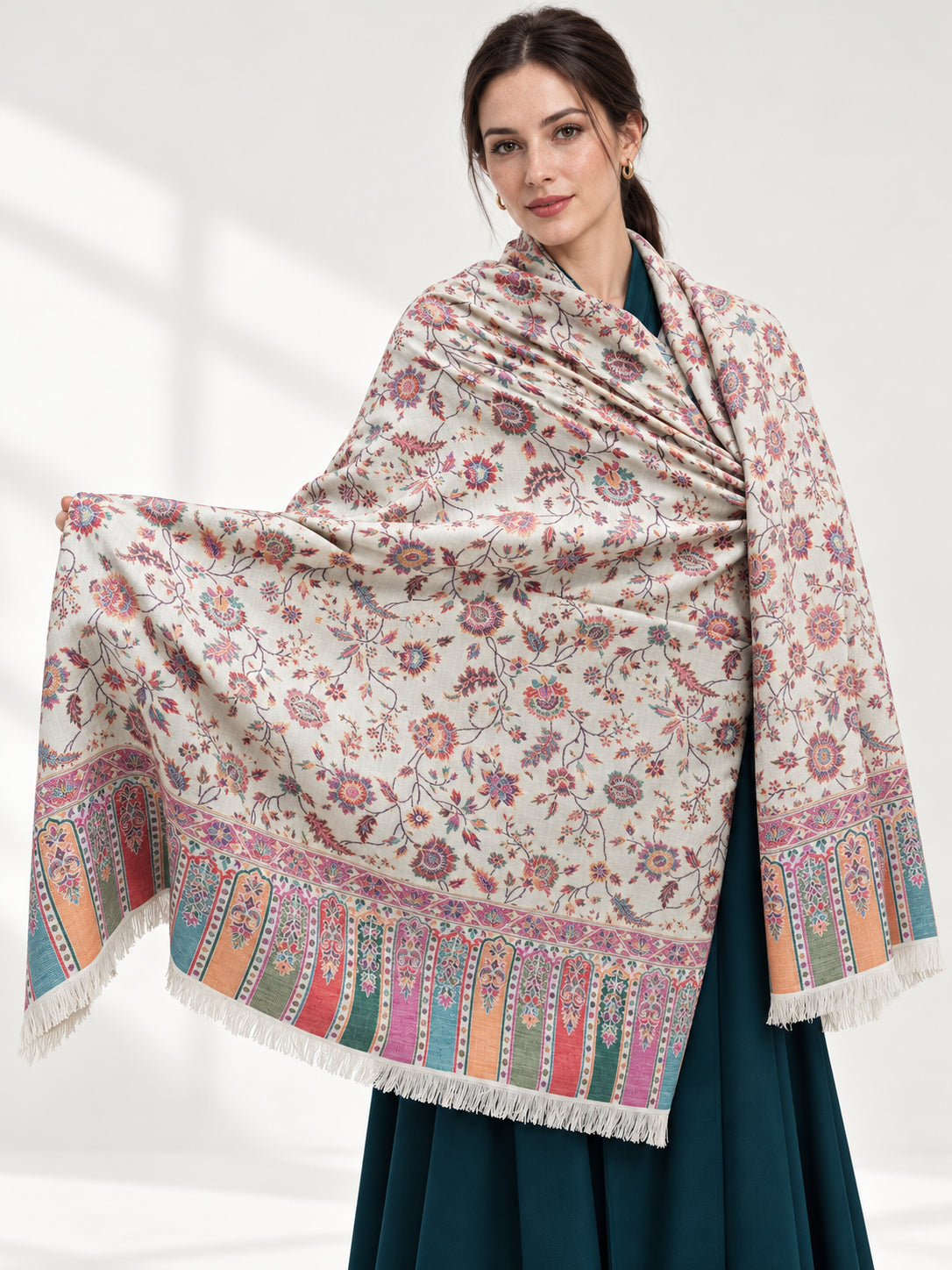 Premium Kani #17 Floral Ivory Shawl — 01-main-portrait