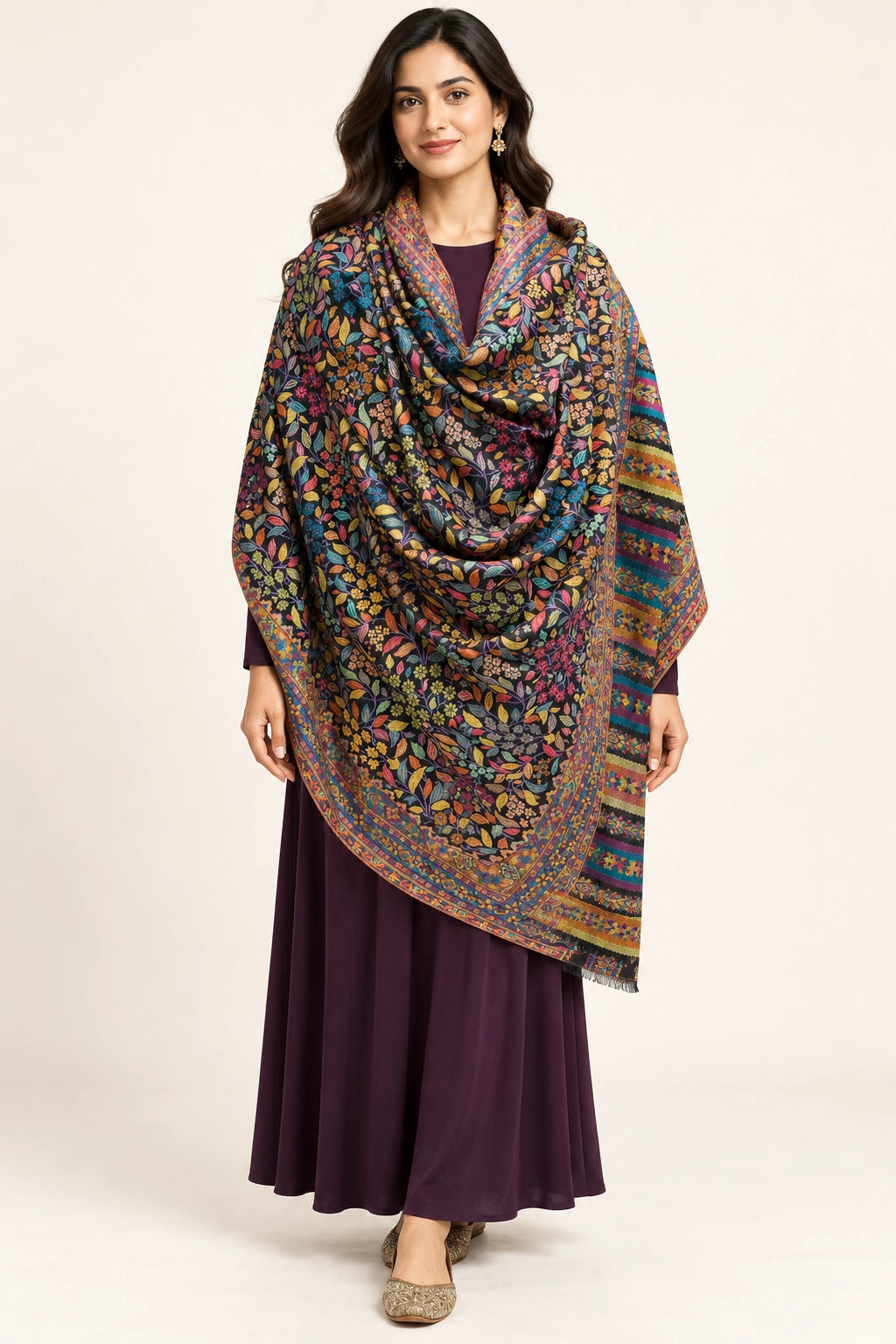 Premium Bareek Kani #32 Floral Black Shawl — 03-full-length-portrait