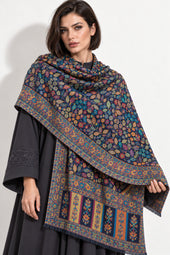 Premium Bareek Kani #32 Floral Navy Shawl — 01-model-closeup