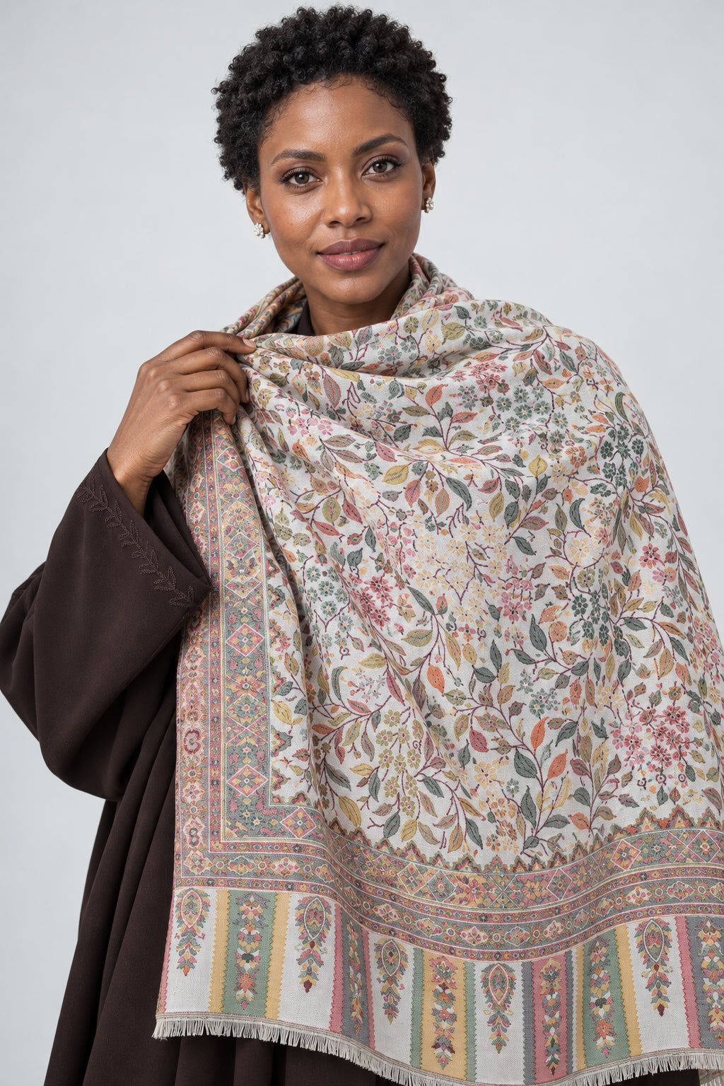Premium Bareek Kani #32 Floral Ivory Shawl — 01-model-closeup