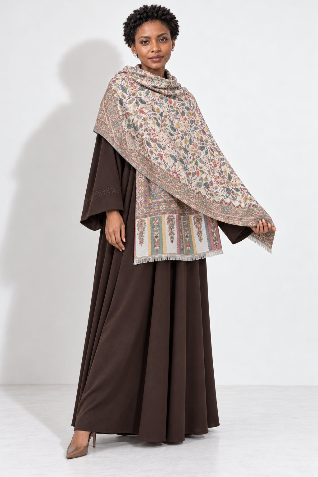 Premium Bareek Kani #32 Floral Ivory Shawl — 03-full-length-portrait