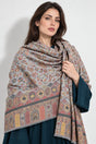 Premium Bareek Kani #32 Long Paisley Silver Grey Shawl — 01-model-closeup