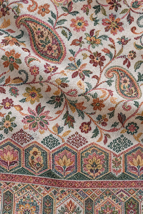 Premium Bareek Kani #32 Long Paisley Ivory Shawl — 02-material-closeup