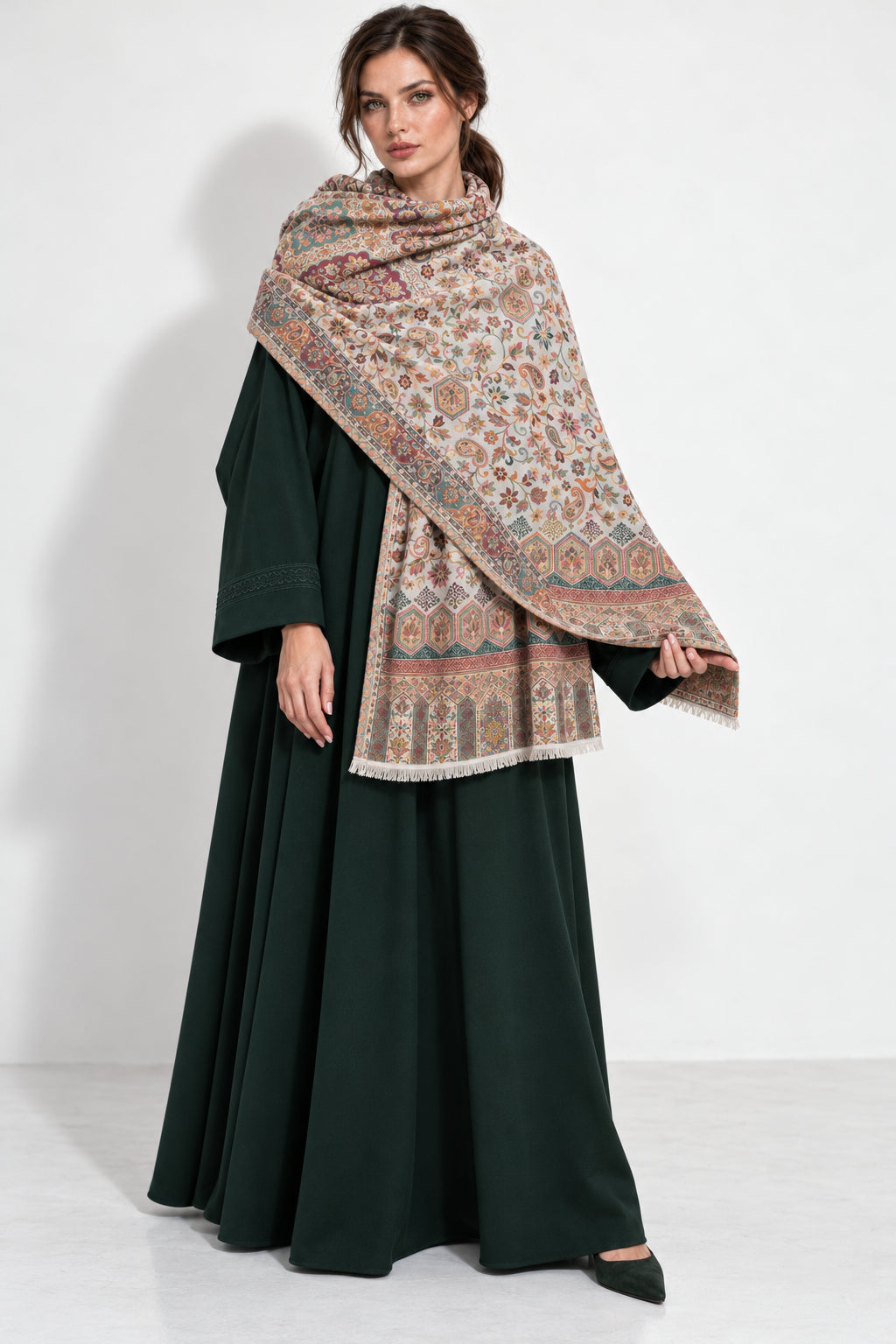 Premium Bareek Kani #32 Long Paisley Ivory Shawl — 03-full-length-portrait