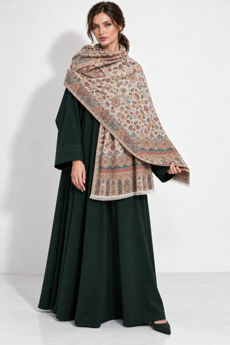Premium Bareek Kani #32 Long Paisley Ivory Shawl — 03-full-length-portrait