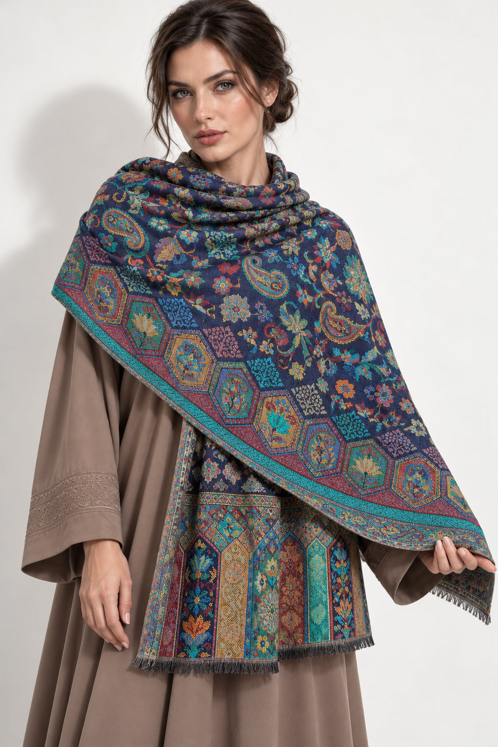 Premium Bareek Kani #32 Long Paisley Navy Shawl — 01-model-closeup