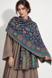 Premium Bareek Kani #32 Long Paisley Navy Shawl — 01-model-closeup