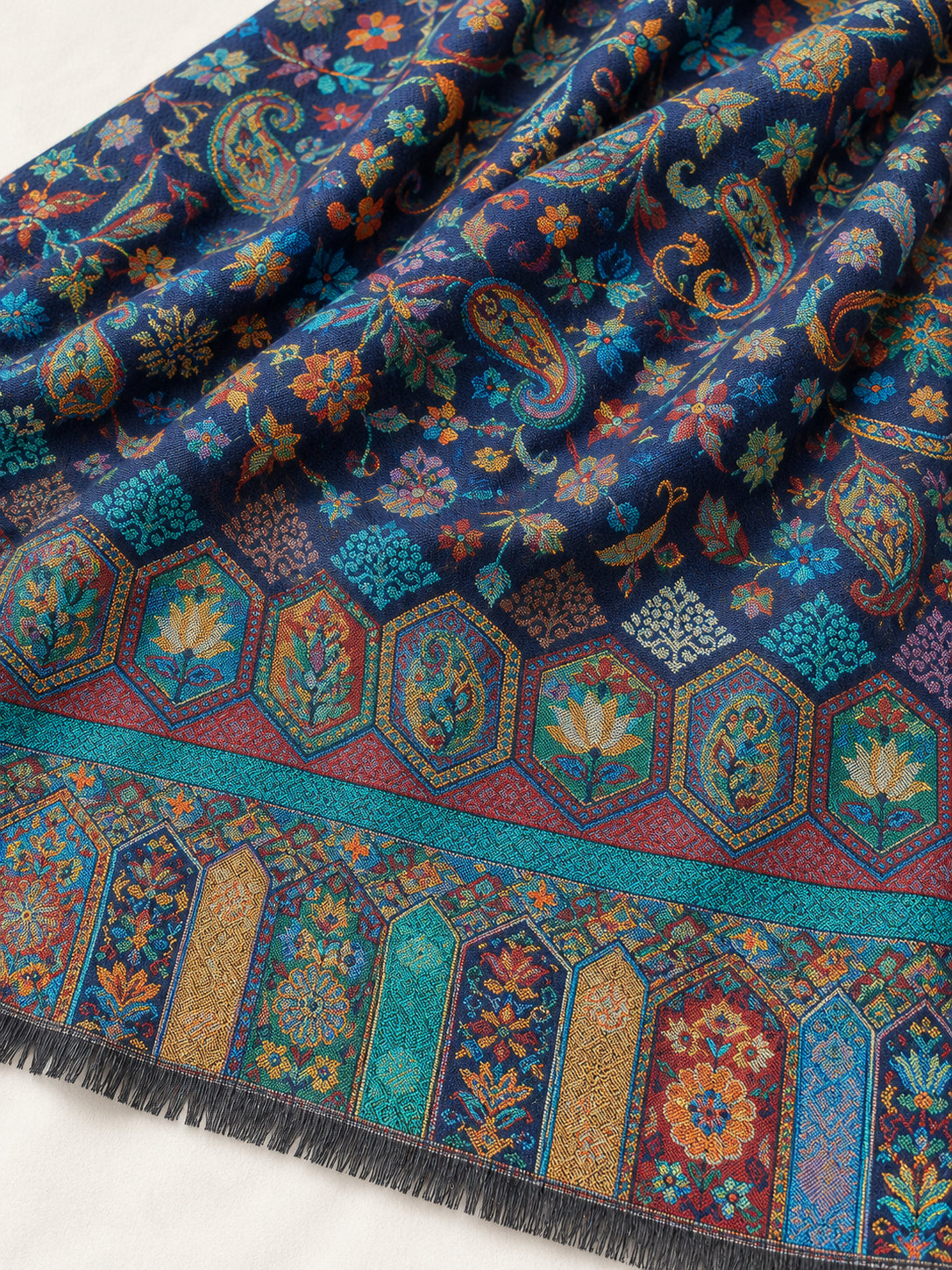 Premium Bareek Kani #32 Long Paisley Navy Shawl — 02-material-closeup