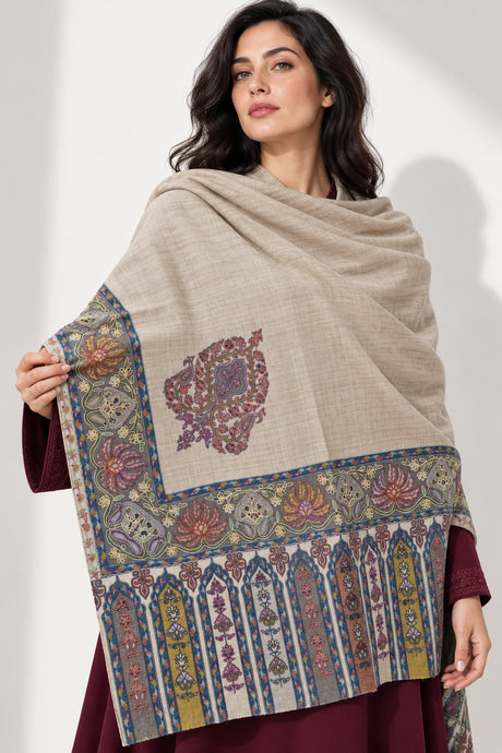 Premium Kalamkari Border #67 Sand Beige Shawl — 01-model-closeup
