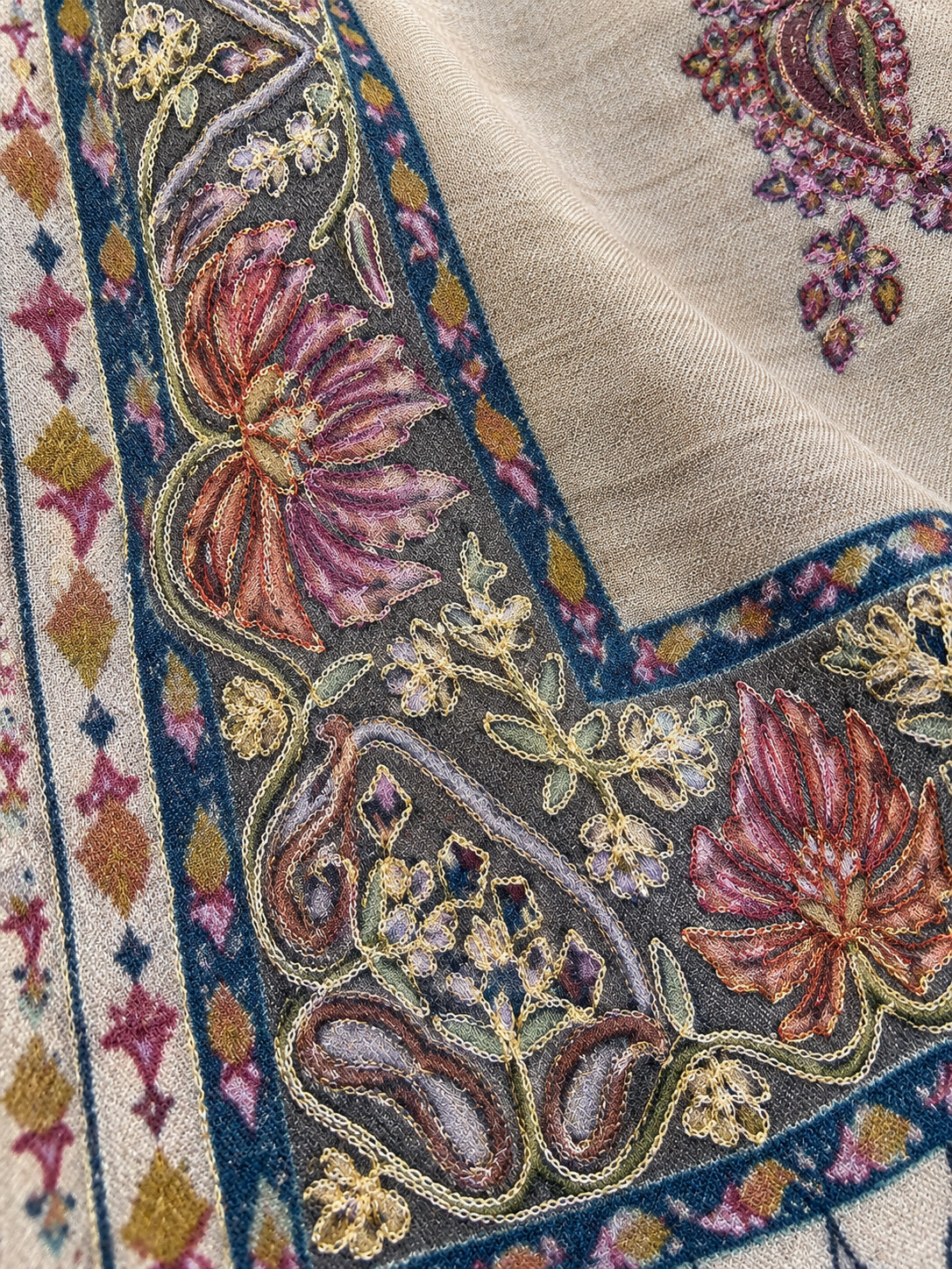 Premium Kalamkari Border #67 Sand Beige Shawl — 02-material-macro