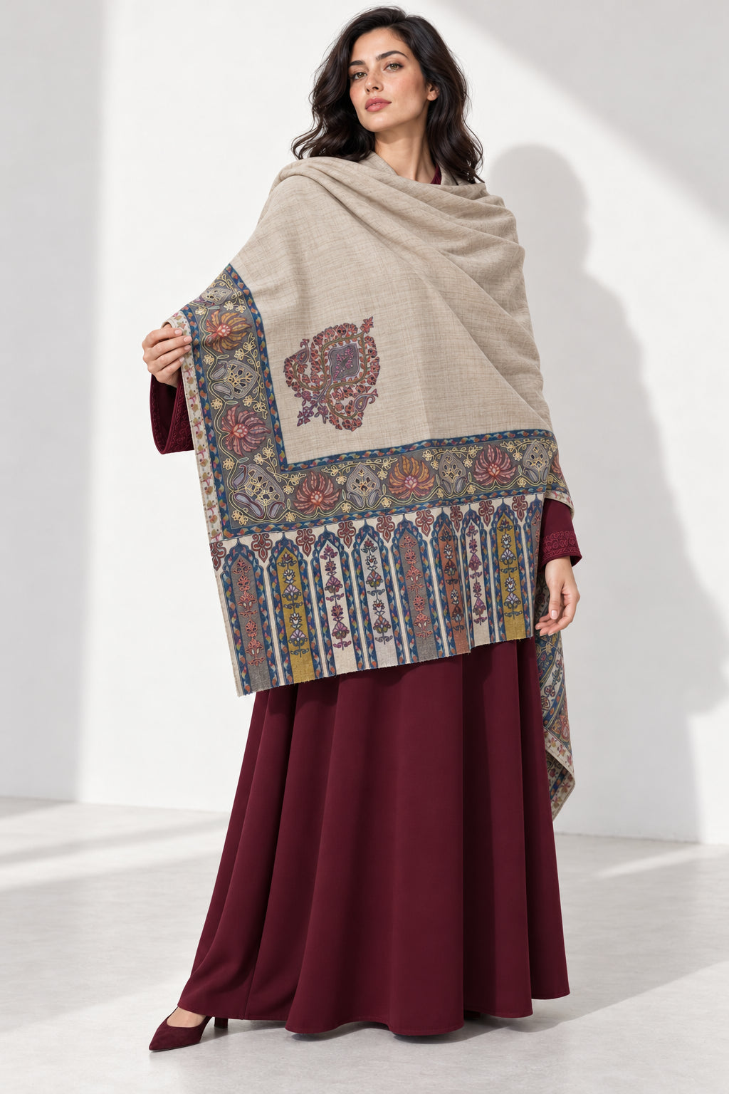 Premium Kalamkari Border #67 Sand Beige Shawl — 03-full-length-portrait