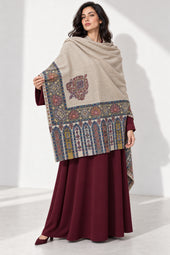 Premium Kalamkari Border #67 Sand Beige Shawl — 03-full-length-portrait
