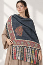 Premium Kalamkari Border #67 Charcoal Grey Shawl — 01-model-closeup