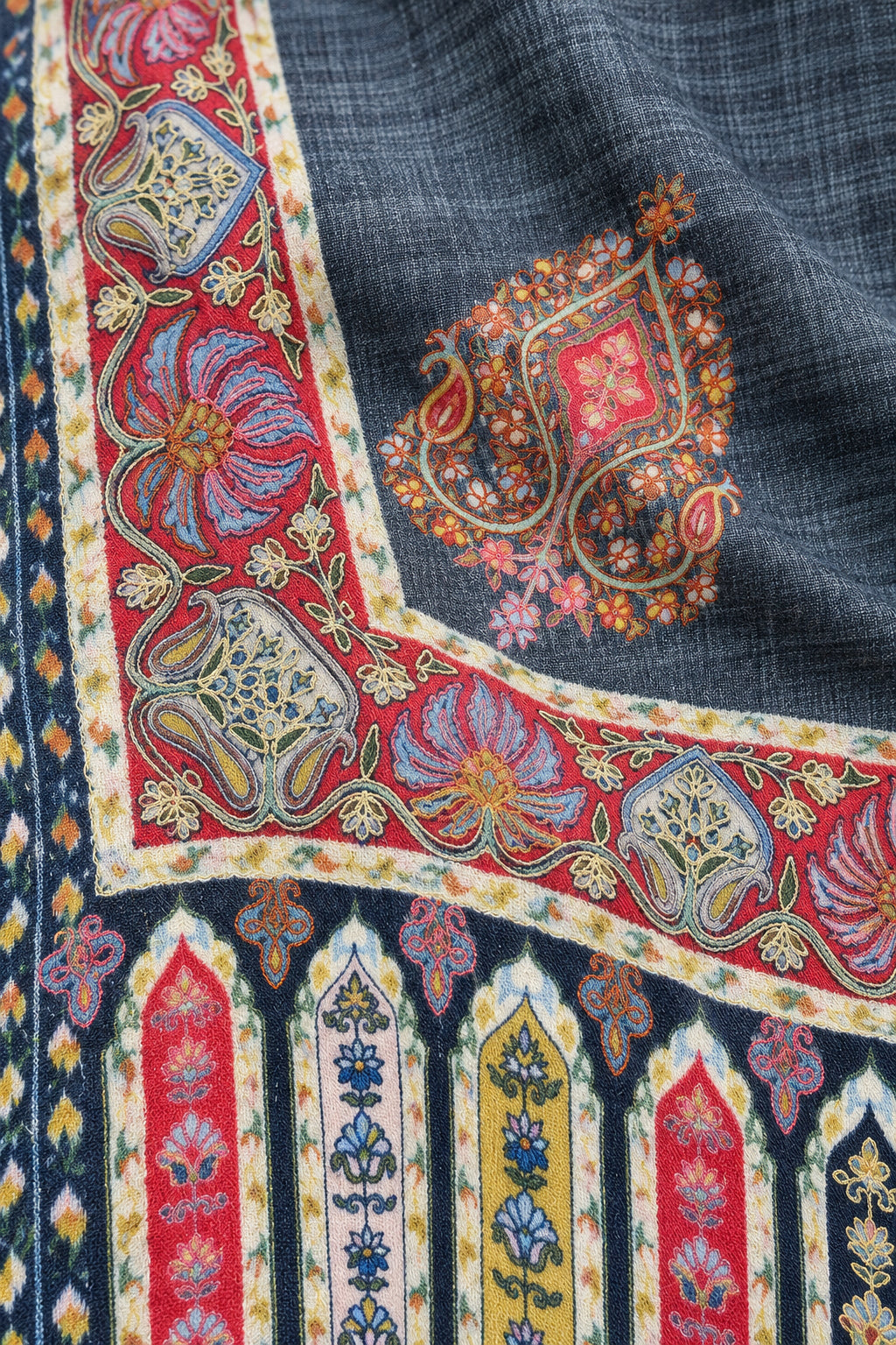 Premium Kalamkari Border #67 Charcoal Grey Shawl — 02-material-macro