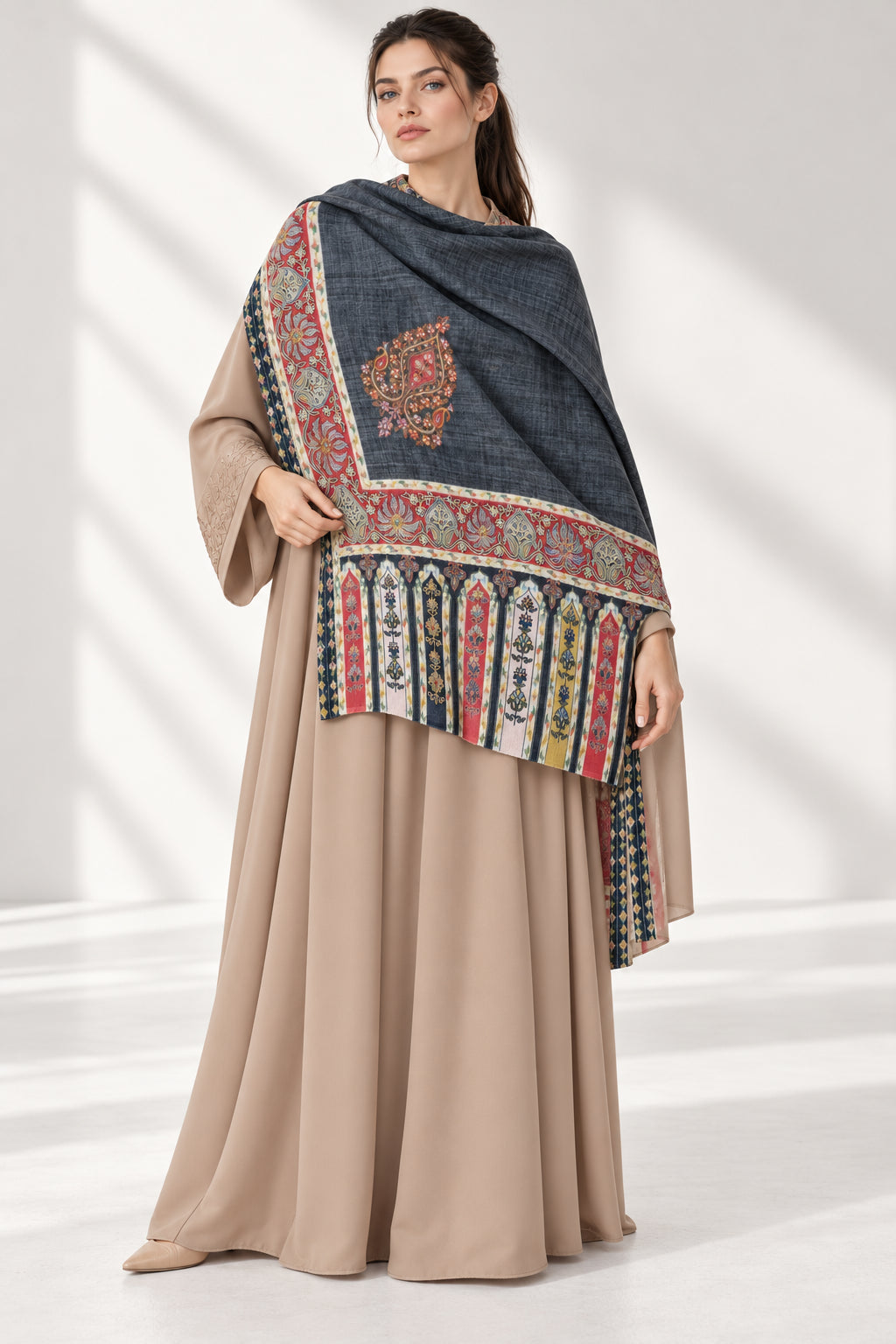 Premium Kalamkari Border #67 Charcoal Grey Shawl — 03-full-length-portrait
