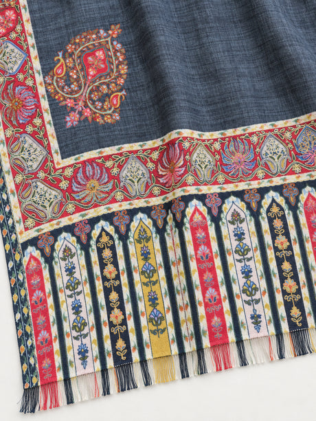 Premium Kalamkari Border #67 Charcoal Grey Shawl — 05-pallu-detail